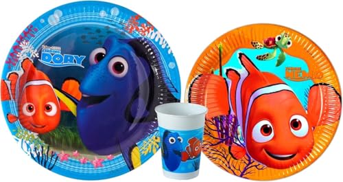 Disney Lot de 8 assiettes en papier Dory 23 cm + 8 assiettes en papier Nemo 23 cm + 8 verres Dory/Nemo pour fêtes et anniversaire