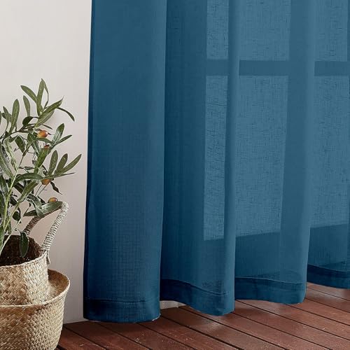 Image of Amazon Basics - Linen Textured Sheer Door Curtains | Light Filtering | 5 Feet | Set of 2 | Plain Design | for Living Room, Bedroom & Balcony | 150cm x 115cm, Color - Navy Blue
