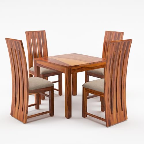 Image of Solid Sheesham Wood 4 Seater Dining Table Set with Cushioned Chairs for Dining Room | Living Room | Home & Office | Hotels Restaurant & Cafe (4 Seater, Honey B)