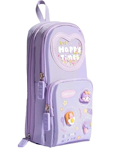 Image of Invite Enterprise Polyester Kawaii Pencil Case - 3 Compartment Aesthetic for Girls, Large Multifunctional Stationery Organizer for School Office (Happy Time Purple)