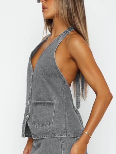 KMBANGI Women Fashion Denim Vest Halter V Neck Button Down Sleeveless Jean Tank Top Open Back Sexy Vests Trendy4