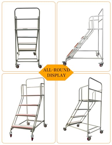 Image of 4 Steps Ladder with Wheels, Industrial & Warehouse Step Ladder, Rolling Steps Ladder with Vinyl Stair Edge Protector, 23.6IN Wide, 39.4IN top Step Height, 445LBs Capacity.