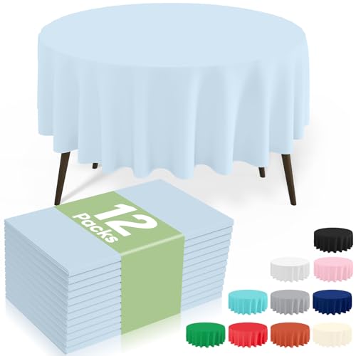 Image of misaya 12 Packs Disposable Plastic Table Cloth, 84 inch Round Waterproof Tablecloth, Leakproof & Sturdy Decorative Table Covers for Picnic, Party, Outdoor and Back to School, Baby Blue