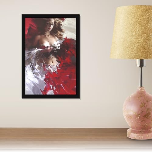 Image of Mad Masters Pretty Girl Painting in Red and White Beautiful Woman Painting Photo Frame for Living Room, Bedroom, Home Decor and Wall Decoration (MM 1865, 30.5L x 20.3W cm, Canvas, With Plexi Glass)