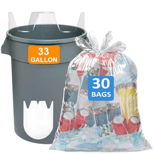Image of 30-33 Gallon 1.2 Mil Heavy Duty Trash Bags 30 Count with 4 Innovative Flap Ties | Compatible with Rubbermaid Brute & Winco & Behrens 30-33 Gallon Round Trash Can | Tear & Leak Resistant Clear