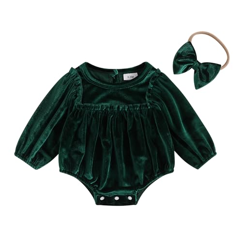 HKYFNNBW-Baby Girls Romper Christmas Clothes Solid Color Round Neck Long Sleeve Velvet Jumpsuits with Headband (Green, 3-6 Months)