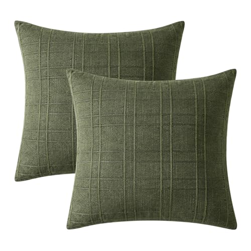 Image of MIULEE Decorative Linen Check Throw Pillow Covers Neutral Farmhouse Vintage Spring Pillow Covers 18x18 Set of 2 Boho Modern Home Decor for Sofa Couch Bedroom Cushion Dark Olive Green