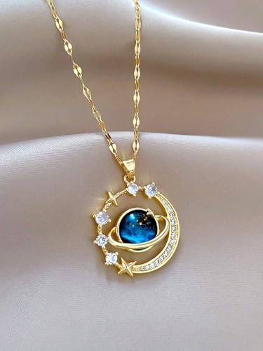 1 PC Gold Necklace for Women, Celestial Moon and Star Gemstone Pendant Necklace - Elegant Night Sky Jewelry for Women