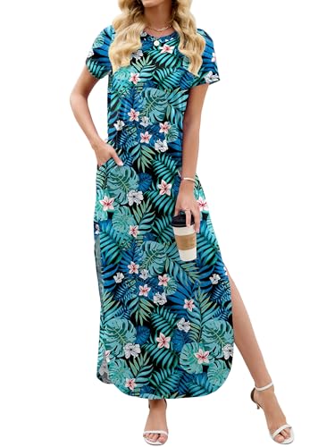 Image of Heymoments Womens Summer Maxi Dress Short Sleeve Casual Loose Long T Shirt Split Vacation Beach Sundress with Pockets