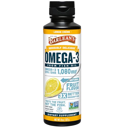 Barleans Omega 3 Fish Oil Liquid Supplement for Men and Women 1080mg of EPA and DHA Fatty Acid Promotes Brain & Heart Health - Non-GMO Lemon Crme 8 oz