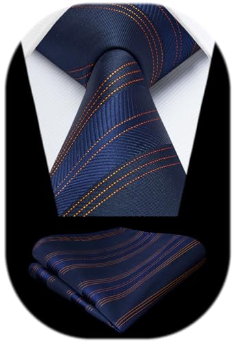 Image of HISDERN Mens Striped Ties Classic Silk Woven Tie and Pocket Square Set Formal Business Necktie Handkerchief for Wedding