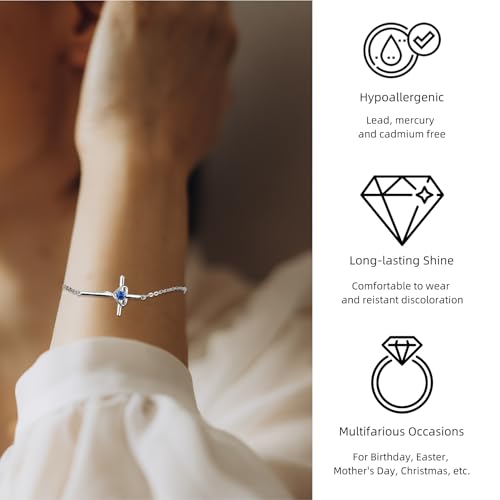 Birthstone Bracelet 925 Sterling Silver Birthstone Cross Bracelets for Women Cross Heart Cubic Zircon Adjustable Jewelry Gifts for Birthday Christmas4