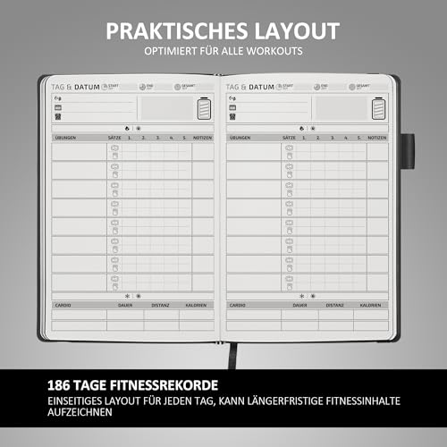 BIROYAL Trainingstagebuch Deutsch mit 186 Workout für dein Krafttraining, Undatierte Trainingsbuch A5, Fitness Journal für Fitnessenthusiast, Workout Gym Buch für Bodybuilding im Gym & ​Heimtraining