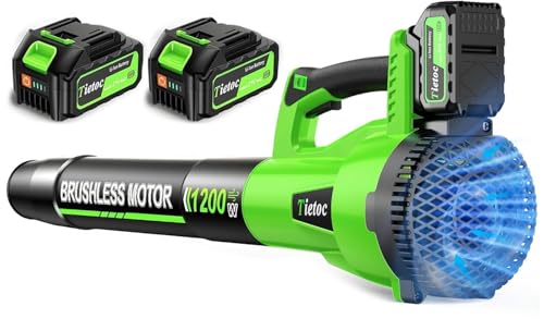 Tietoc Leaf Blower Cordless, 1200W Brushless Electric Leaf Blower with 2 X 4.0Ah Battery, 6 Speed Powerful Leaf Blowers for Garden, Patio, Lawn Care, Gift for Men Dad Husband Fathers (Green)