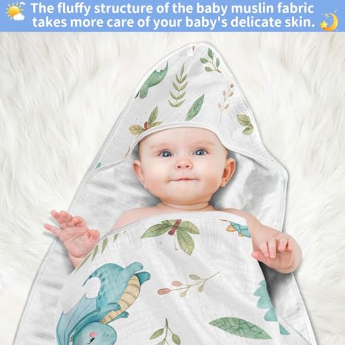 Image of Burbuja Cute Dragon Baby Bath Towel - Soft Absorbent Muslin Cotton Hooded Towel for Newborn Infant Toddler, 30x30 in