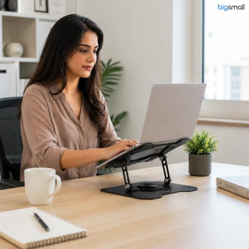 Image of Bigsmall Adjustable Foldable Laptop Stand with Magnetic Phone Holder - Anti-Slip Aluminium Alloy Stand for Laptop, Tablet & Mobile (4-16 Inch Compatible, Portable & Lightweight) (Grey Pack of 1)