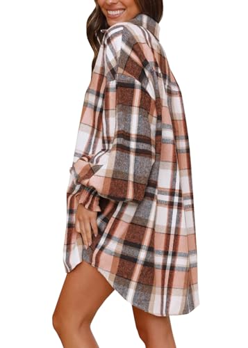 Danedvi Womens Oversized Flannel Plaid Shirts Jacket Ballon Sleeve Button Down Shacket Coats Orange4