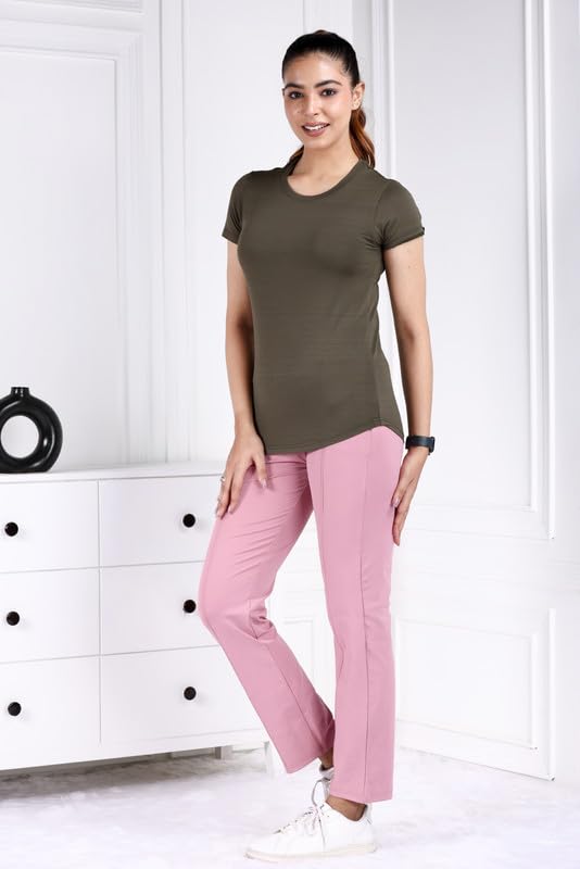 Image of Mlada Luxury Athleisure T Shirt Polyester Stretch Knit T-Shirt Full Length Moisture Wicking, Breathability, Compression for Gym, Workout and On-The-Move for Women