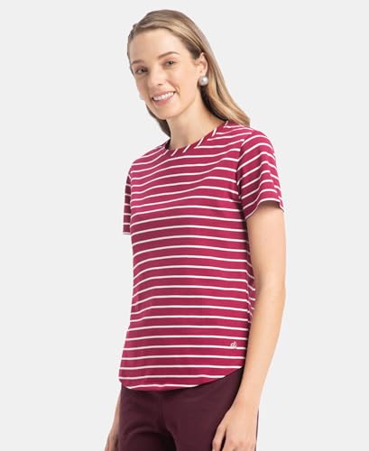 Image of Jockey A121 Women's Super Combed Cotton Stripe Fabric Relaxed Fit Round Neck Half Sleeve T-Shirt