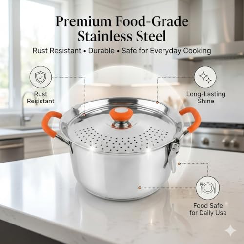 Image of MYNAKSHA Stainless Steel Strainer Pot with Double Lid, Heavy Base 0.8 CM Rice Cooker with Locking Handles, Induction & Gas Compatible, Drain Easily, Ideal for Pasta, Noodles & Vegetables - 6.5 L