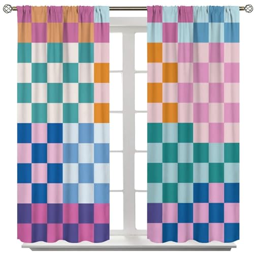 Retro Multicolored Checkered Curtains for Bedroom, Colorful Bright Rainbow Window
