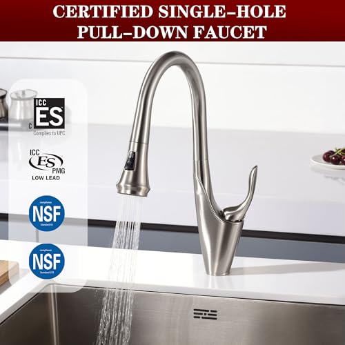 Image of sumerain Brushed Nickel Single Handle Pull Out Kitchen Faucet, Stainless Steel 1 Hole Kitchen Sink Faucet with Pull Down Sprayer