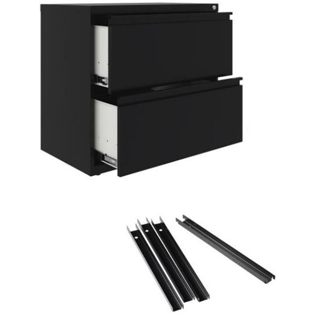 Hirsh 30" W 2 Drawer Metal Lateral File Cabinet Set Black and Front to Back Rails, Fully Assembled