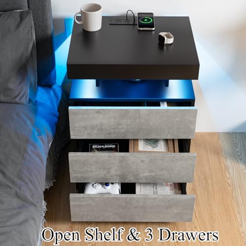 HOMMPA LED Nightstand with Wireless Charging Station & USB Ports High Gloss Bedside Table with LED Light RGB Adjustable Brightness Smart Nightstand 3 Drawers Tall Night Stand for Bedroom Grey