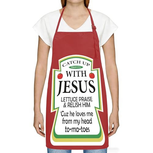 Tomatoes Funny Apron for Women & Men -Catch Up With Jesus Lettuce Praise & Relish Him -Kitchen Grilling Cooking Apron with Adjustable Neck Strap-Jesus Christian Gift for Religion Mom Husband Chef -A01