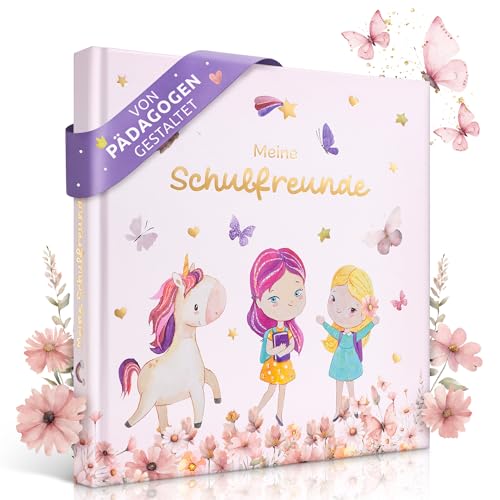 EULENTALER Freundebuch Schule für Mädchen Einhorn I Von Pädagogen gestaltet I Handgemalte Einhörnern Schmetterlinge & Blumen I Geschenk zur Einschulung I Goldprägung I Schulfreundebuch Grundschule