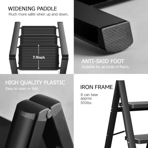 Image of SOLADDER 3 Step Ladder, Folding Step Stool, Lightweight Stepladder, Black