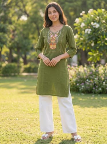Image of Cotton Blend Embroidered Straight Kurta for Women | Cotton Blend | 3 /4 Sleeve | Round Neck V-Slit | Ethnic Wear Casual Wear