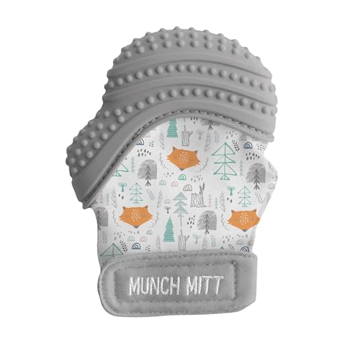 Image of Malarkey Kids Patented Teething Mitten, Munch Mitt Baby Chew Toy - Protects Hands from Chewing & Saliva, Heals Aching Gums, Promotes Sound & Visual Stimulation for Babies - Grey Fox