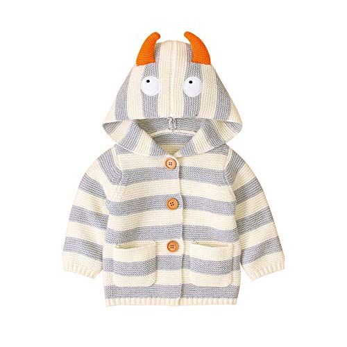 Infant Toddler Baby Knit Sweater Boy Girl Striped Knitted Warm Monster Hooded Cardigan Jacket Coat Outfit (Beige,6-12 Months)