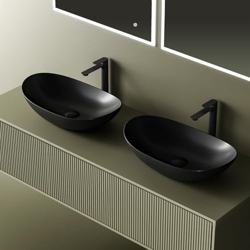 EMKE Aufsatzwaschtisch, oval, 61,5 × 36 × 15,5 cm, Keramikwaschbecken für Badezimmer und Gäste-WC, Mini-Waschbecken, klein, mattschwarz