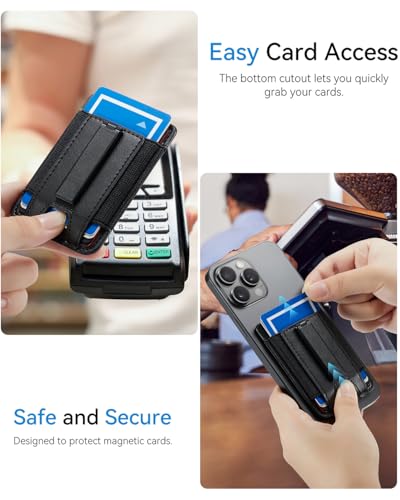Image of Phone Card Holder Wallet with Stand, Hold 6 Card for iPhone Andriod | Stretch fabric card holder stick on back of phone case. Built-in stand for hands-free viewing. Holds 6 credit /ID cards