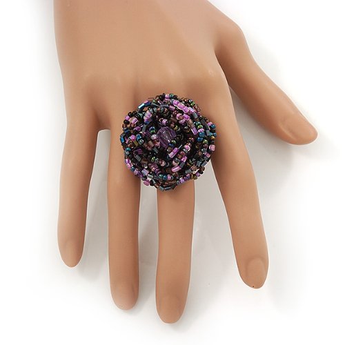 Avalaya Large Purple/Pink/Black Glass Bead Flower Stretch Ring - Adjustable #TOP2