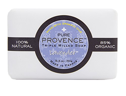 Pure Provence Certified Organic Triple Milled Soap with Organic Shea Butter, 100% Vegetable based Long Lasting Bar Soap, Luxurious Lather, Paraben Free, Made in France - Lavender, 5.3 oz bar (150gr)