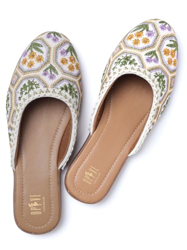 Image of OPIVE's Mehandi Women's Mojari Jutti Ethnic Punjabi Juttis Traditional Flat Embroidered Canvas Fancy Bellies Comfortable Sole for Womens & Girls