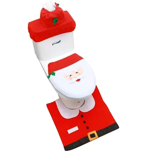 Juego de Tapete de Baño Festivo Navideño para Decoración, 3pcs Santa Toilet Seat Cover Set Accesorios de baño para Vacaciones Decoraciones de baño Festivas,Regalo para Asiento de Inodoro y Alfombra pa