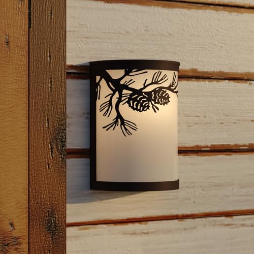 Image of VAXCEL Douglas 1-Light 8 in. Wide Warm Bronze Indoor-Outdoor Rustic Flush Mount Wall Sconce with Pinecone Cutout and Amber Flake Glass Shade, Dimmable, LED Compatible, Bathroom Vanity Lighting Fixture