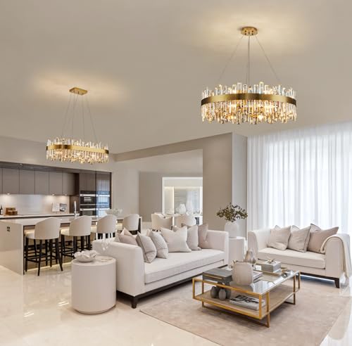 Siljoy Modern Crystal Chandelier 16 Lights Brushed Gold 2-Tiers K9 Crystal Raindrop Chandelier Luxury Dimmable Crystal Pendant Ceiling Light for Living Room Dining Room Entryway Foyer D31.5''