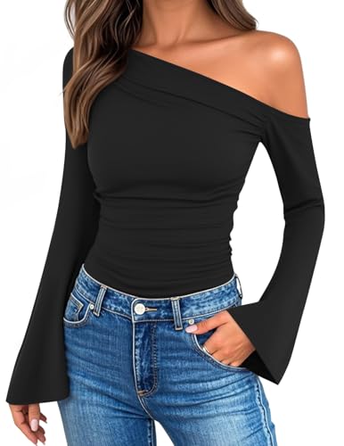 ZESICA Women's Off Shoulder Tops Bell Long Sleeve Shirts 2025 Fall Trendy Going Out Ruched Tight Fitted Y2K Clothes