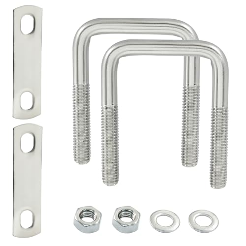 Image of 2 Stainless Steel Square U-Bolts, Inner Width 1.6 inch(40mm), Length 2.5 inch(65mm), M8 304 Stainless Steel with Frame Plates and Nuts for Light Industry, Metallurgy, Construction, Shipping