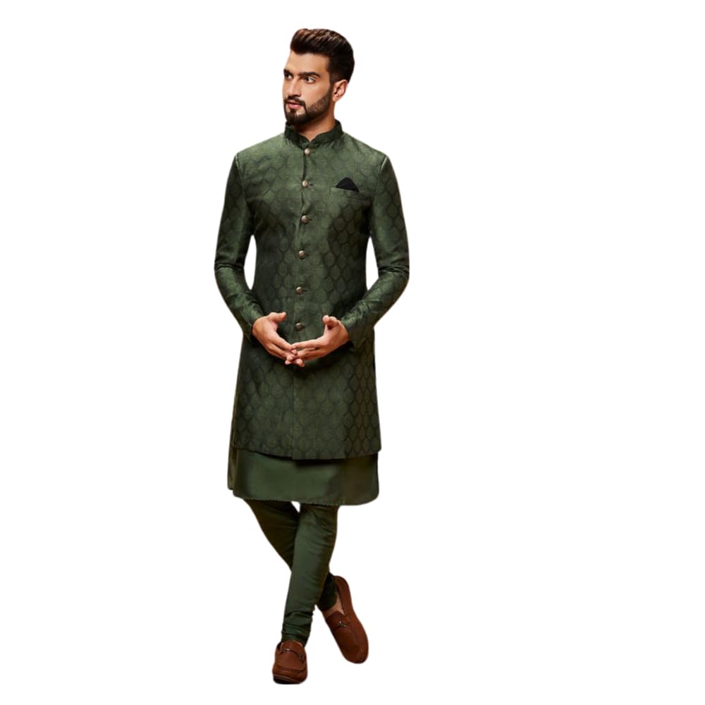 KISAH Men’s Kurta Indo-Western Sherwani Churidar Set, Blue Silk Blend, Woven Design Mandarin Collar Regular Fit Long Sleeves KISAH Men’s Kurta Indo-Western Sherwani Churidar Set, Blue Silk Blend, Woven Design Mandarin Collar Regular Fit Long Sleeves