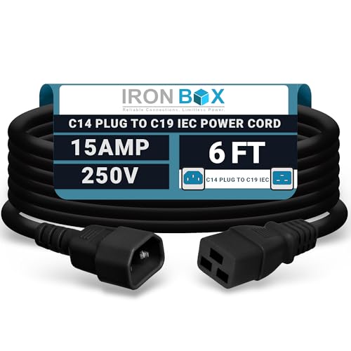 Image of IronBox Electric - Heavy-Duty C14 to C19 Power Cord, 15A, 250V, 14 /3 SJT - IEC60320 PC Cable for Computer Extensions, Monitor, PSU - C14 Male to C19 Female Connector Power Cable - (Black 6 Foot)