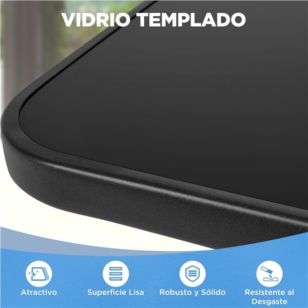 Yaheetech Mesa de Jardín Mesa Auxiliar de Cristal y Metálica Mesa de Balcón con Orificio para Sombrilla para Terraza, Jardín o Balcón 70 cm×70 cm Negro | Orificio de Sombrilla 4,2cm, Marco Metal Mate, Tablero de Vidrio Negro Serigrafiado, Capacidad 45kg,