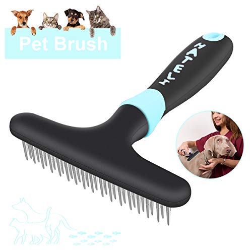 Makerfire Dog Dematting Brush Comb Undercoat Rake for Cats Dogs short or long hair Pet Grooming Tool Double Row of Stainless Steel Pins-Blue