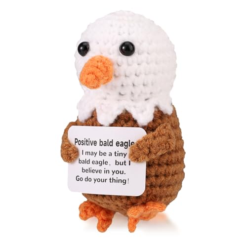 Image of TOYMIS Positive Bald Eagle Crochet, Cute Mini Crochet Bald Eagle with Encouragement Card Emotional Cheer up Knitted Toy Positive Support Knitted Animals for Adults Students