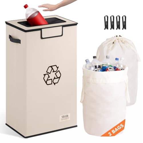 Image of SOLEDI Recycling Bin for Kitchen,26 Gallon Large Recycle Bin with Lid and 2 Removeable Reusable Inner Bags,Indoor Recycling Trash Can for Collector of Bottles Cans, and Plastic,Beige